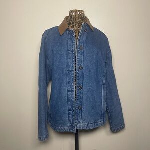 1980s Denim Jacket with leather collar, chore coat, farm coat